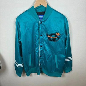 Vintage Adidas Satin Jacket Size Large 3 Stripes Embroidered Trefoil Logo Teal